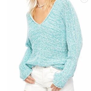 Free People Bright Lights Women's V-Neck Sweater Adriatic Sea NWT